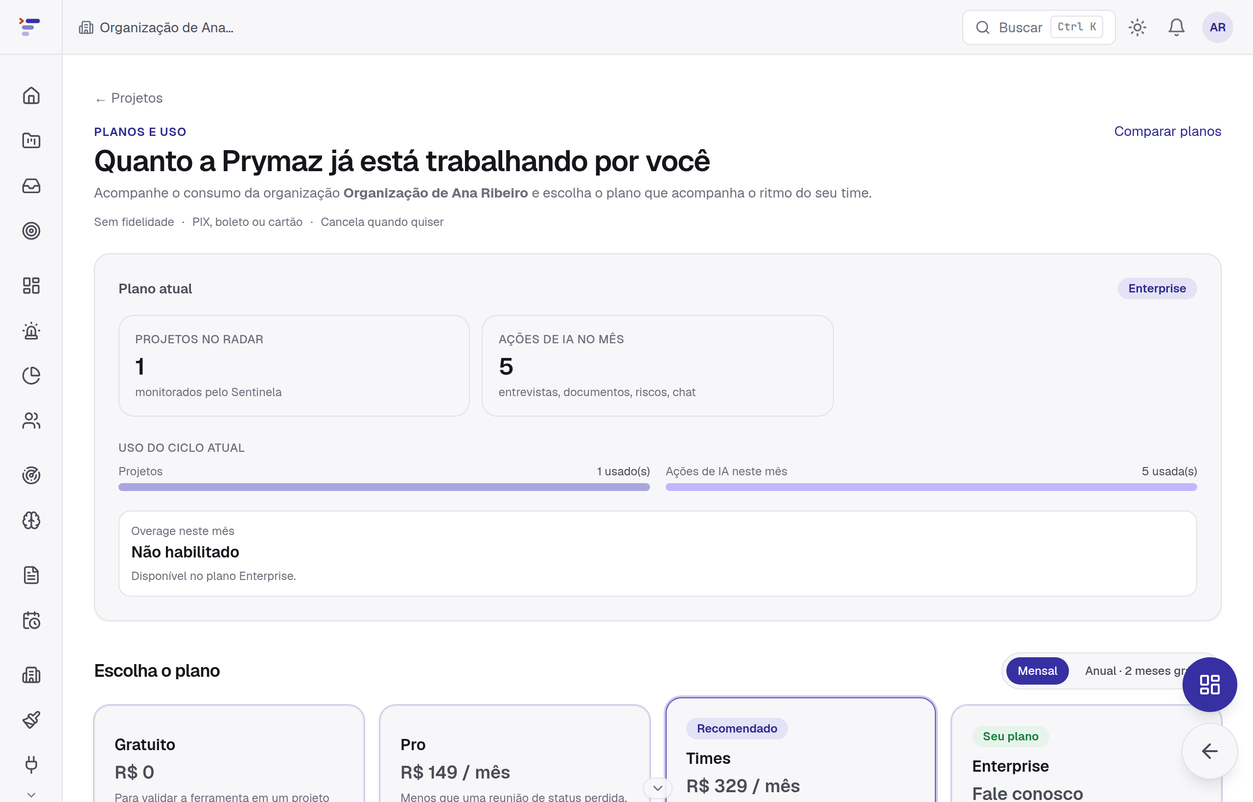 Tela de cobrança (/billing) com o uso do ciclo atual e os 4 cards de plano