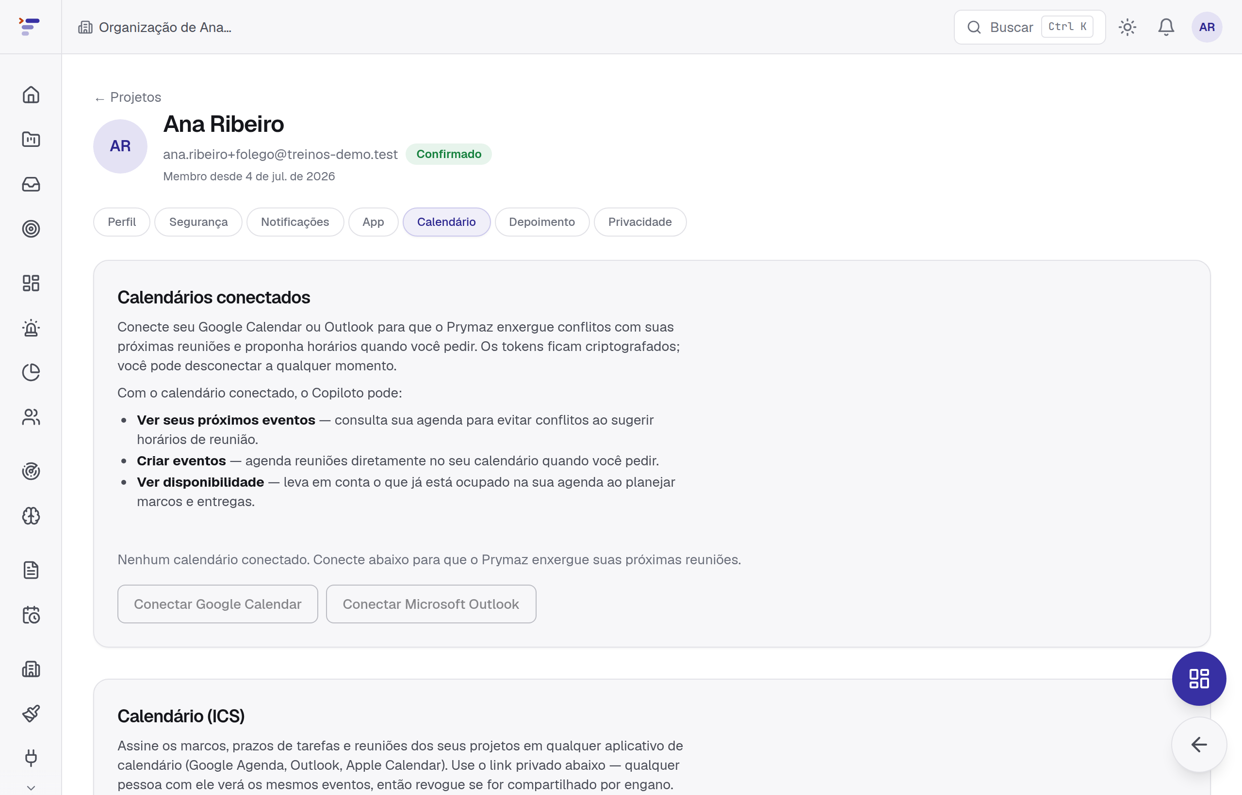 Tela de conta com botões de conectar calendário Google e Microsoft