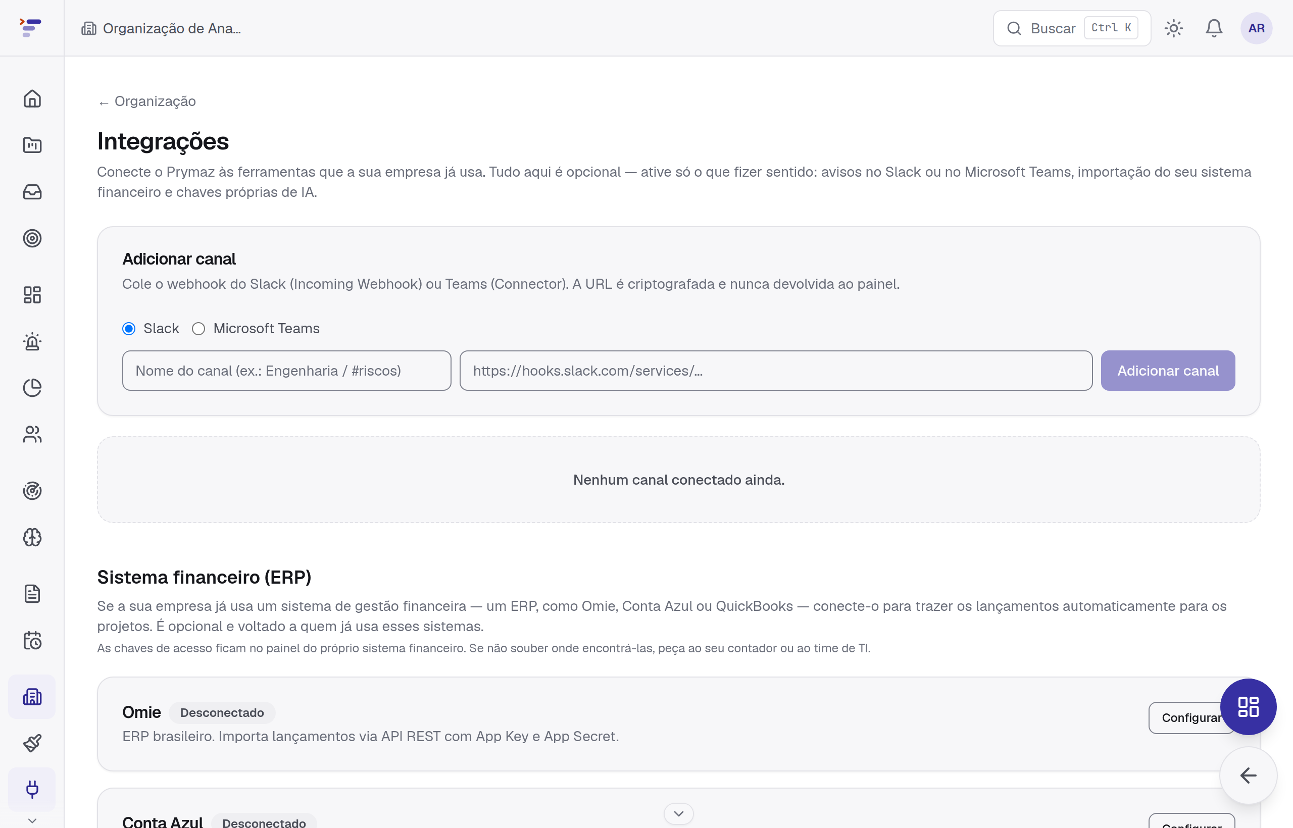 Configuração de integração com Slack/Teams e lista de eventos configuráveis