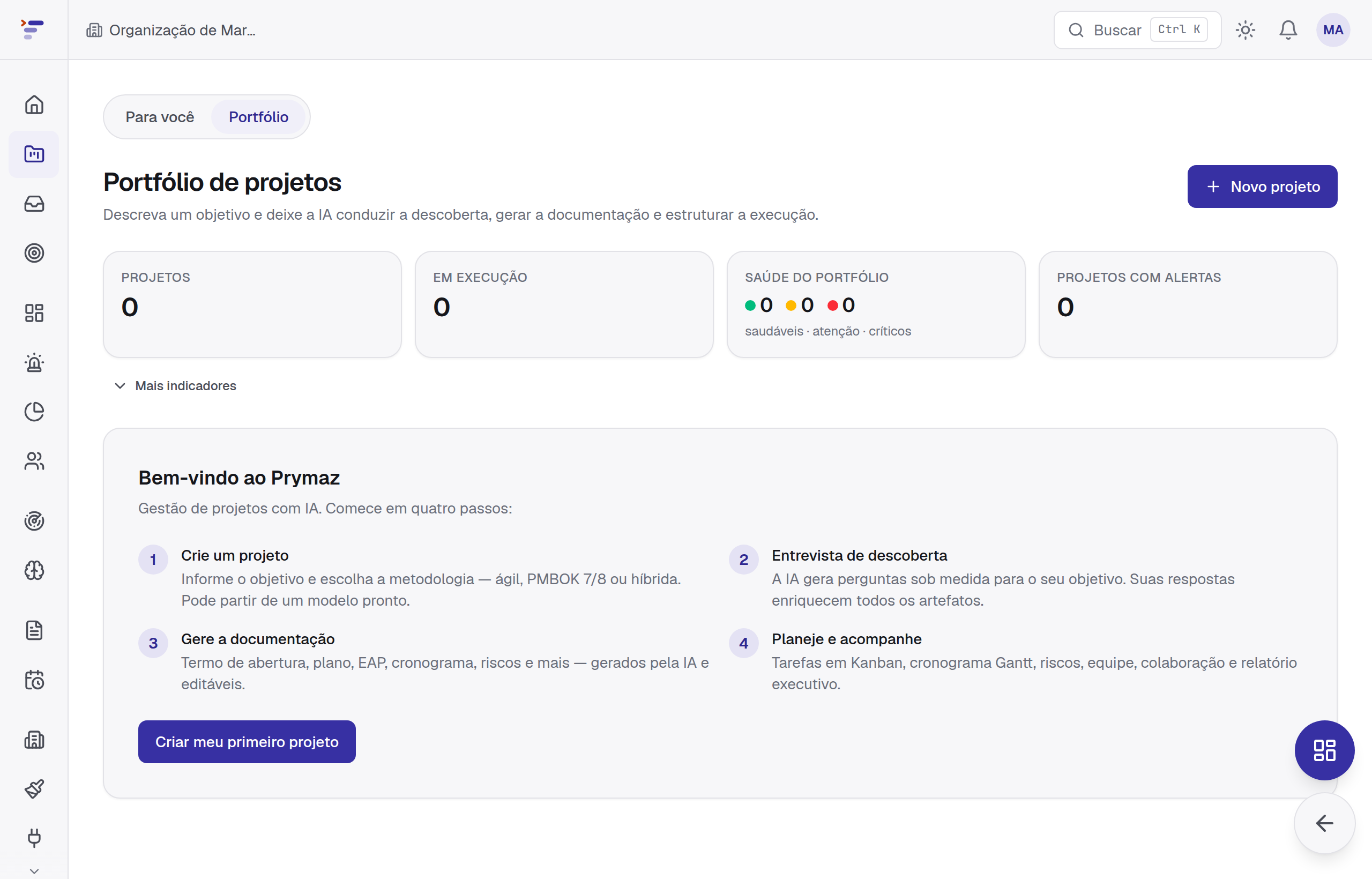 Dashboard do Prymaz vazio, com botão de novo projeto em destaque