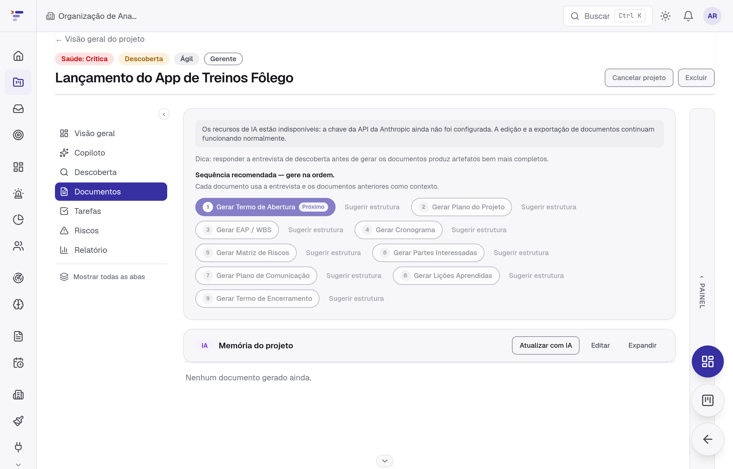 Linha do tempo dos 9 tipos de documento com estado gerado/próximo/pendente