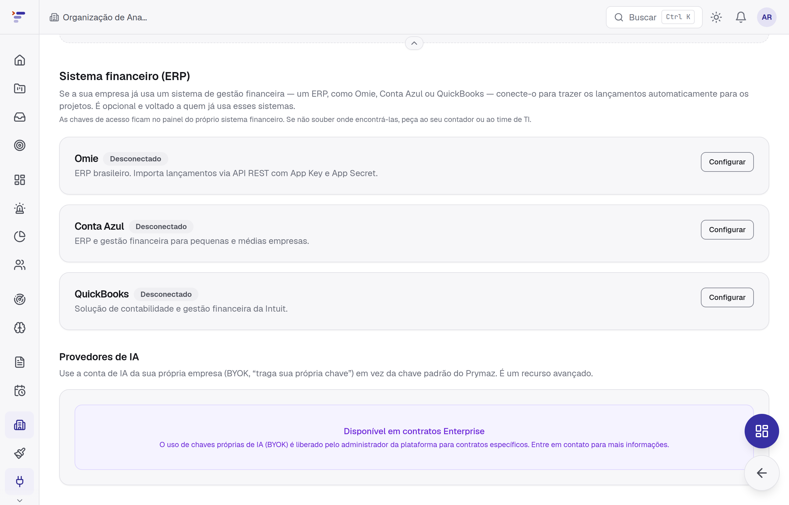 Painel de integração financeira com status de conexão do ERP e vínculo por código de projeto