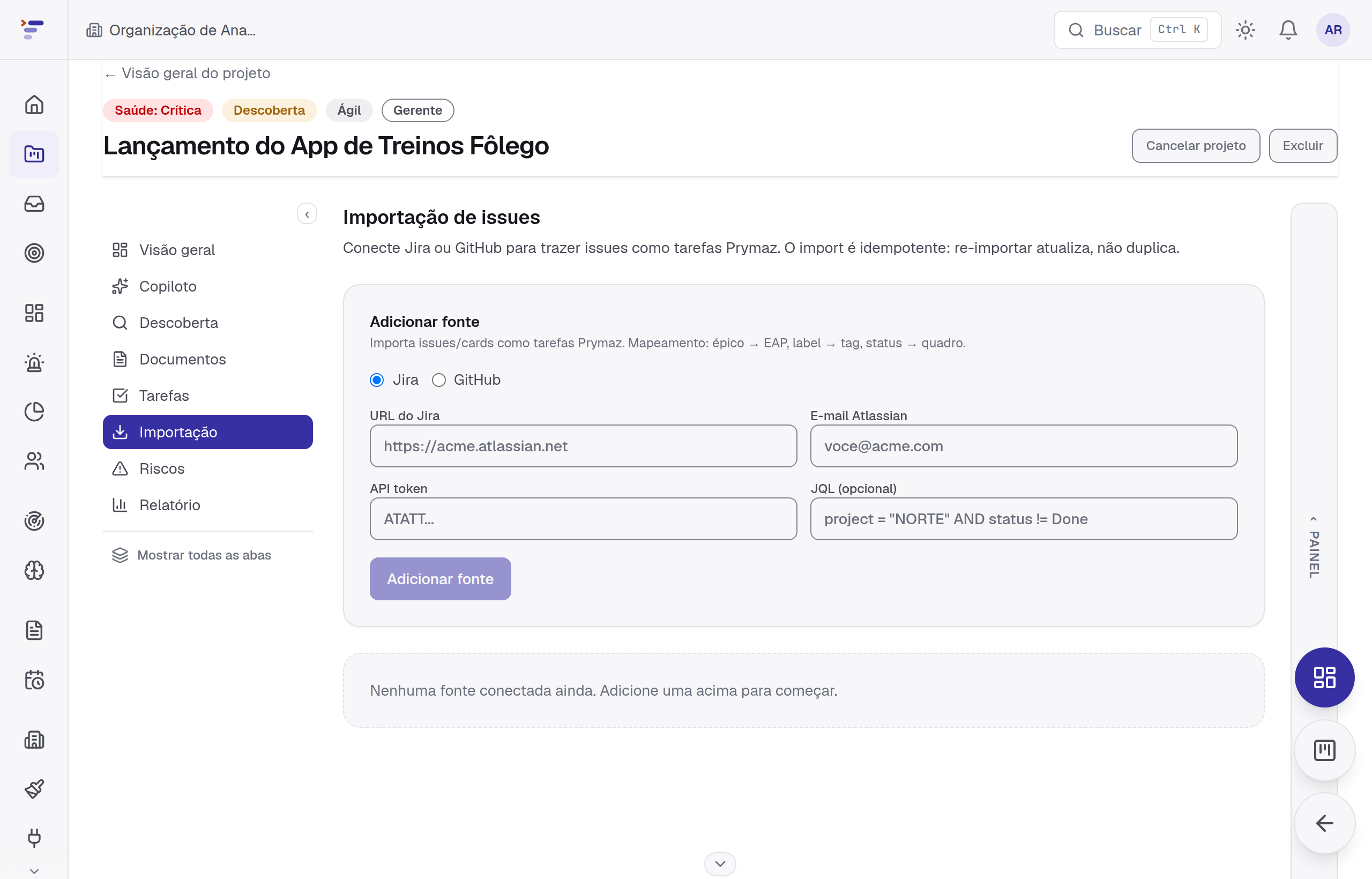 Tela de importação de issues do Jira/GitHub dentro de um projeto