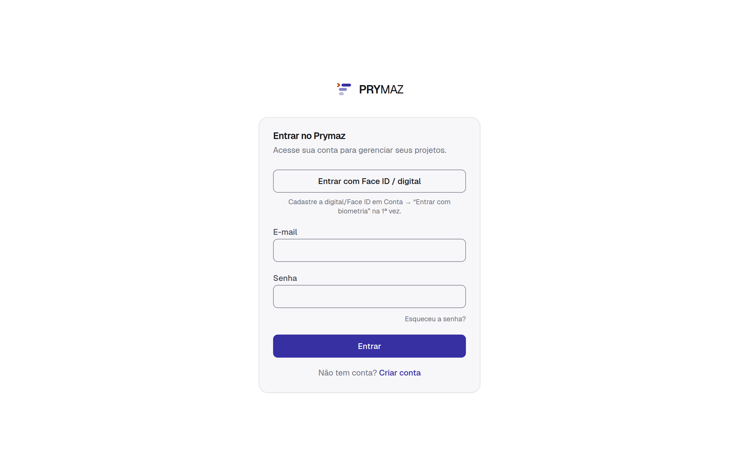 Tela de login do Prymaz (e-mail e senha)