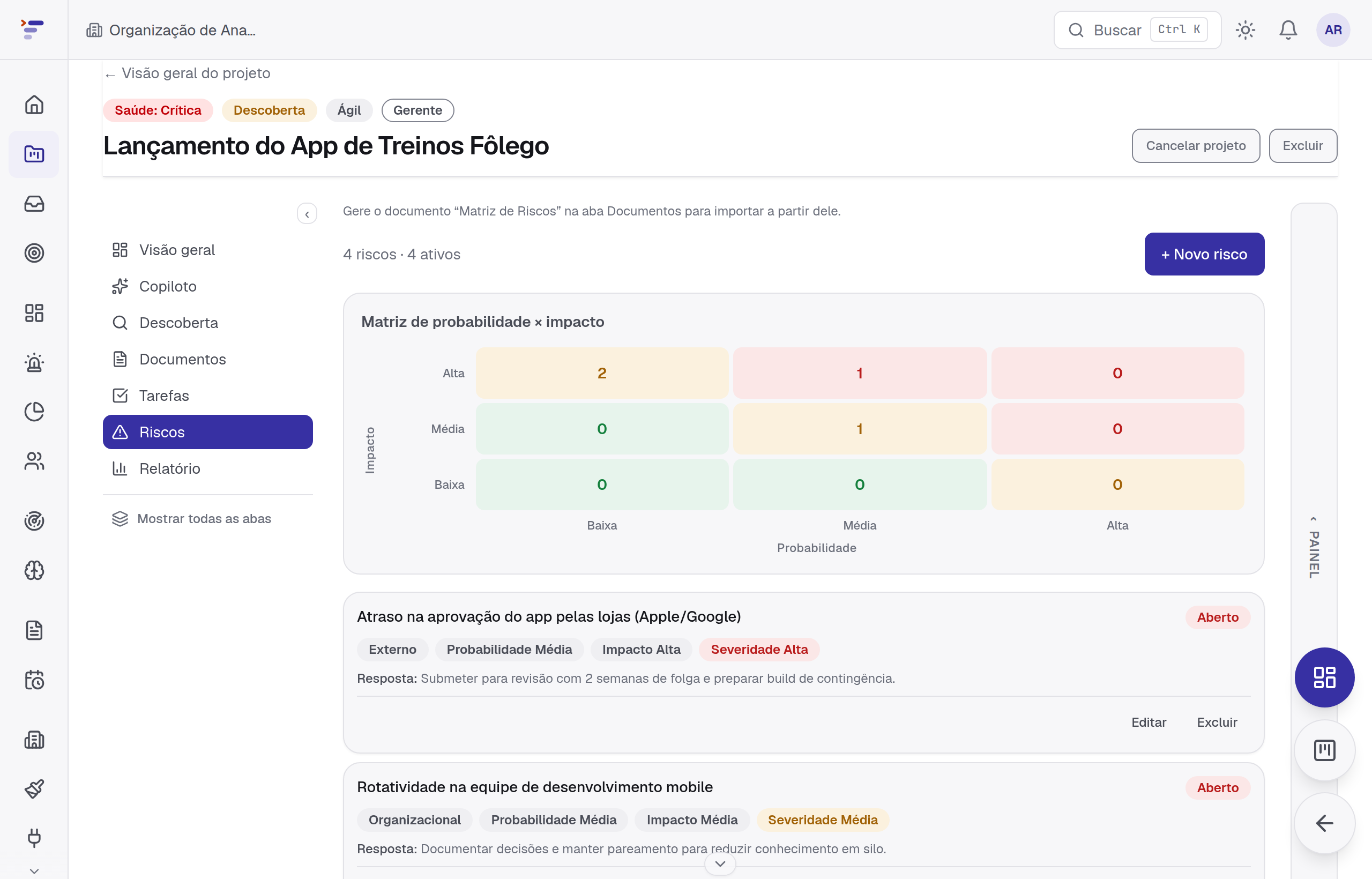 Matriz de probabilidade x impacto com os riscos do projeto distribuídos